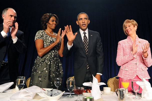 President Barack Obama waves after his speech at the National Prayer Breakfast in Washington, D.C., on Feb. 6, 2014 as First Lady Michelle Obama, Sen. Bob Casey (D., Pa.) and Rep. Janice Hahn (D., Calif.) applaud. (Jewel Samad/AFP/Getty Images) Agence France-Presse/Getty Images